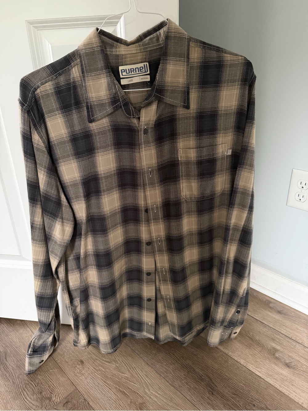 Men’s Beige and Black Plaid Button-Up Shirt